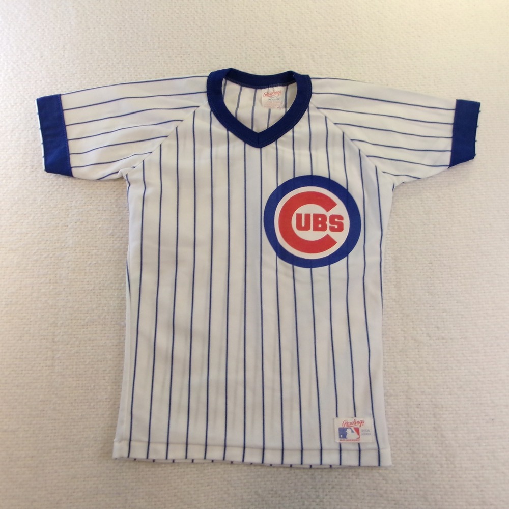 Rawlings Kids Youth Medium Baseball Jersey White Blue Pinstripe Chicago Cubs MLB